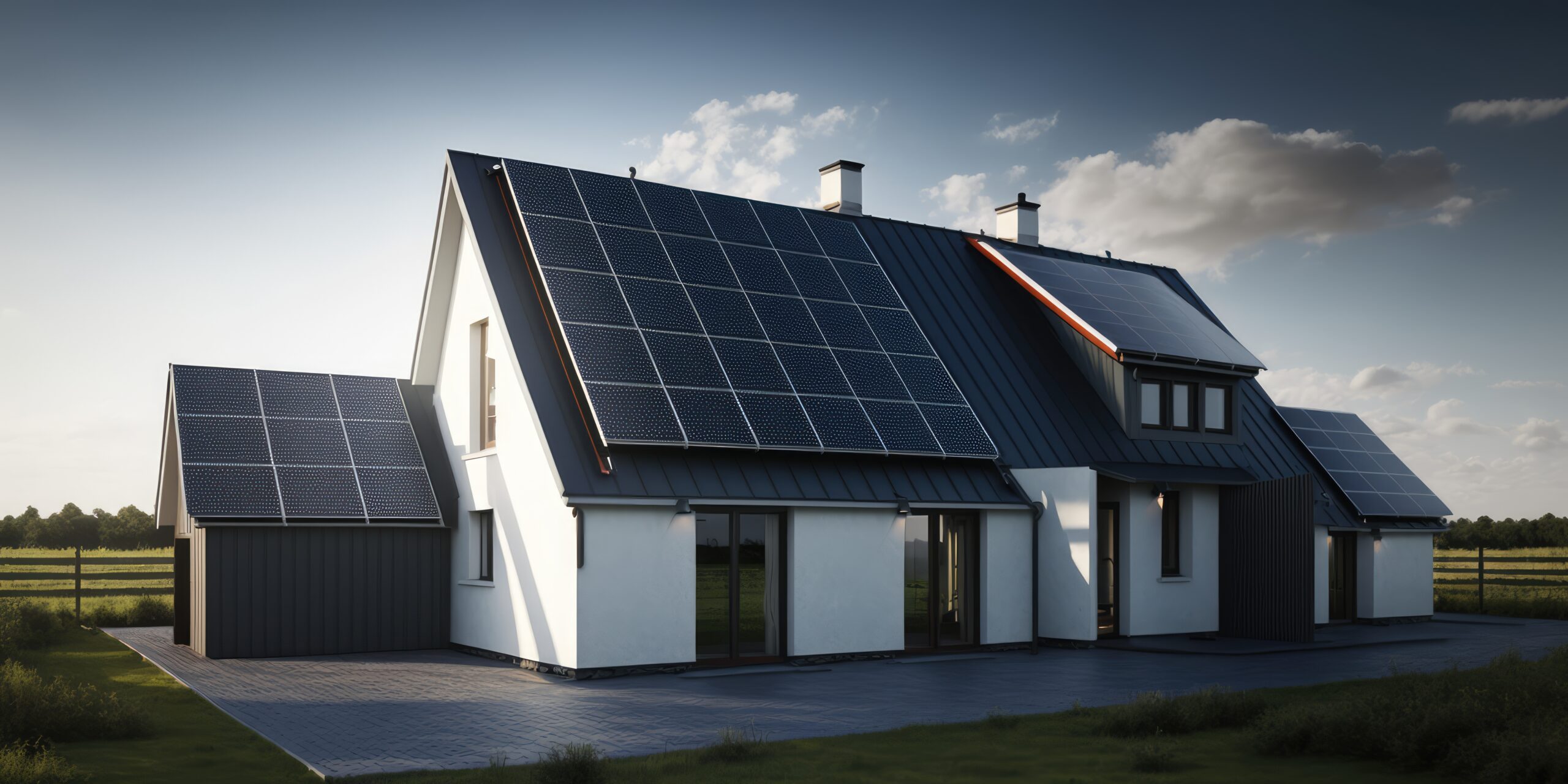 Solar panel on home roof of suburban villa clean sustainable electrical source